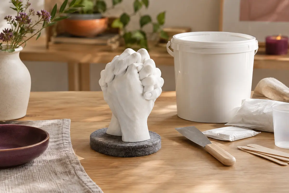 Moulage blanc de deux mains enlacées posé sur un socle en feutre dans un intérieur lumineux.