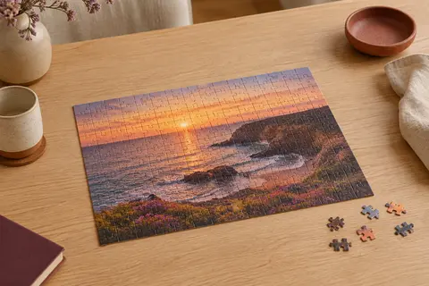 Puzzle rectangulaire personnalisé avec une photo de bord de mer, posé sur une table en bois clair.
