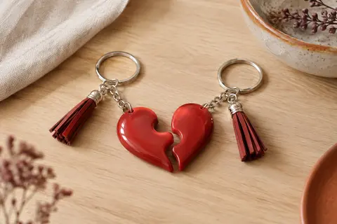 Deux porte-clés rouges en forme de cœur puzzle, accompagnés d’un pompon en cuir synthétique.