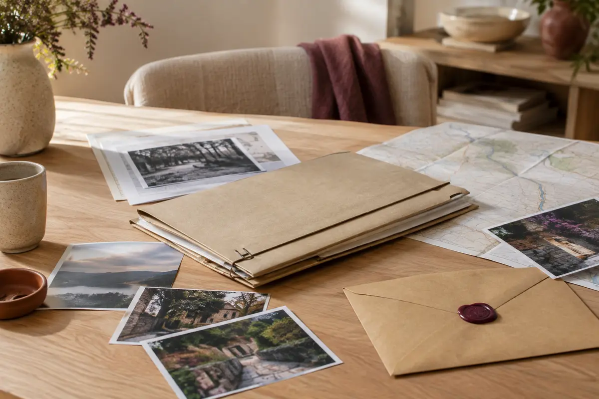 Dossier d’enquête en papier avec documents, plan et enveloppe sur une table en bois clair