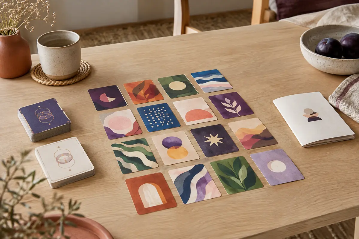 Cartes multicolores d’un jeu coopératif disposées en grille sur une table en bois clair