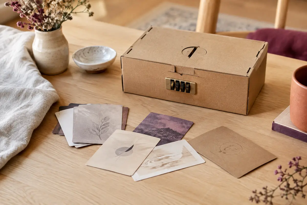 Jeu d’escape game en carton et cartes posé sur une table claire dans un intérieur accueillant