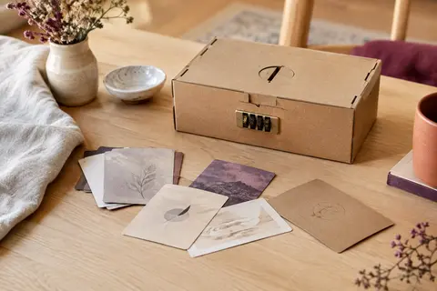 Jeu d’escape game en carton et cartes posé sur une table claire dans un intérieur accueillant