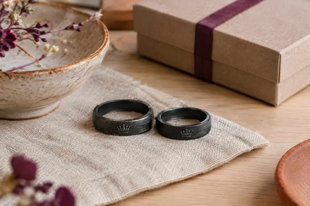 Deux bagues noires assorties à couronne, finition givrée, posées sur du lin près d’une boîte cadeau.