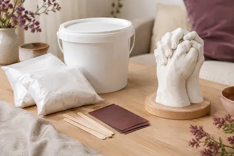 Kit de moulage pour couple avec sculpture en plâtre de deux mains réunies et socle en bois