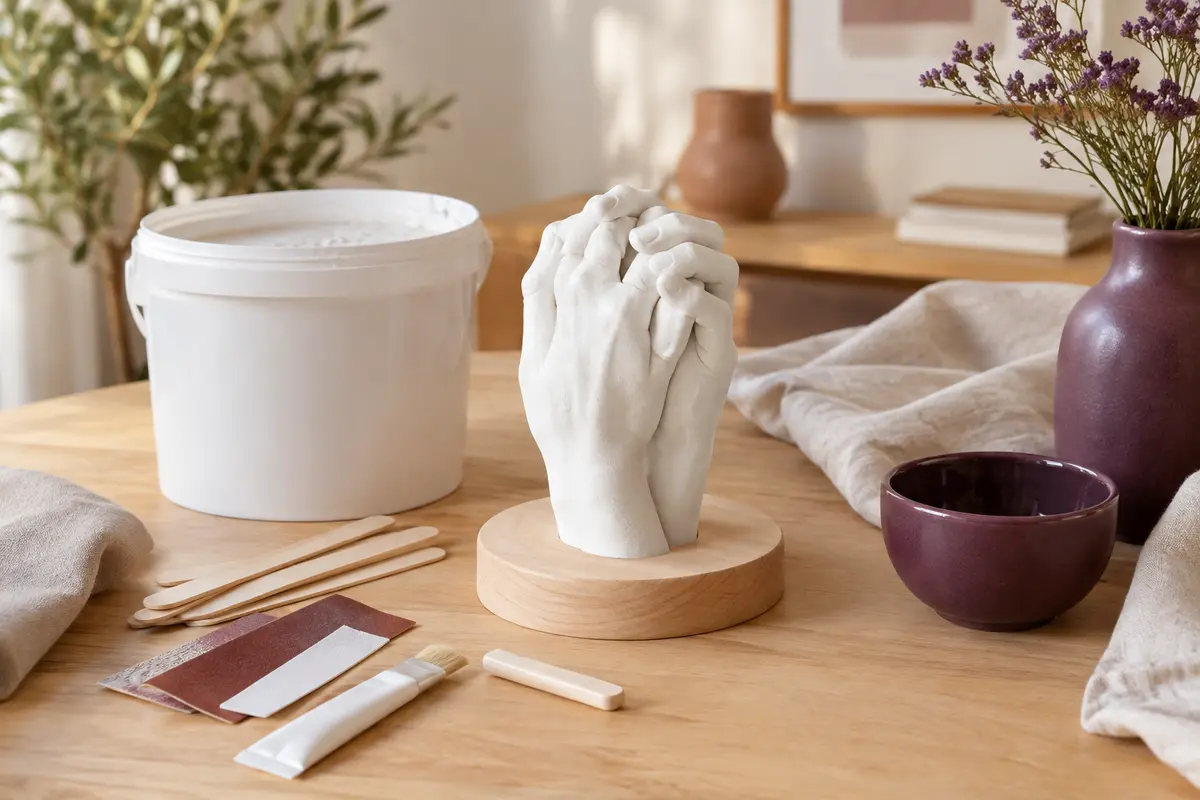 Sculpture blanche de mains réunies sur un socle en bois, avec les accessoires du kit de moulage.