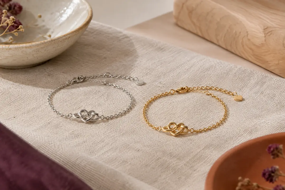 Deux bracelets assortis, l’un argenté et l’autre doré, avec un motif de nœud d’amour