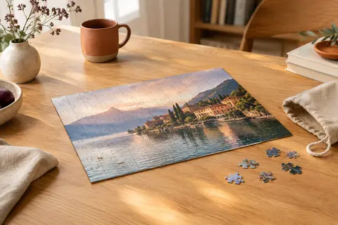 Puzzle photo personnalisé brillant assemblé sur une table en bois clair, avec quelques pièces à côté