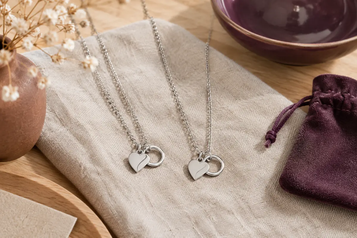 Deux colliers assortis en acier argenté avec pendentifs cœur et anneau, posés sur du lin près d’une pochette en velours.