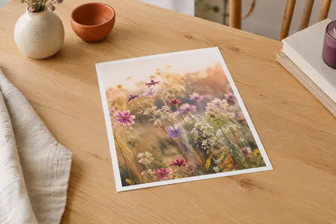 Affiche personnalisable blanche au format A4, posée sans cadre sur une table en bois clair.