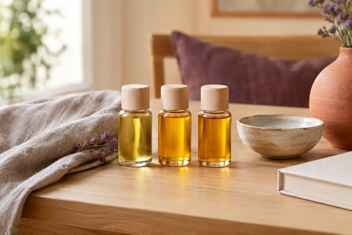 Trois huiles de massage Kneipp réunies sur une table en bois clair avec du lin et une coupelle en céramique.