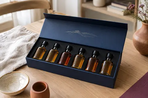 Coffret bleu nuit ouvert avec six fioles de whisky et leur intérieur en mousse noire