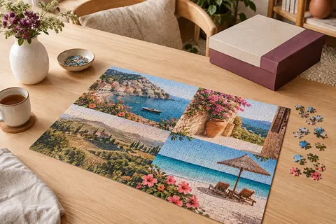 Puzzle photo personnalisé en bois de 1 000 pièces assemblé sur une table claire avec quelques pièces triées