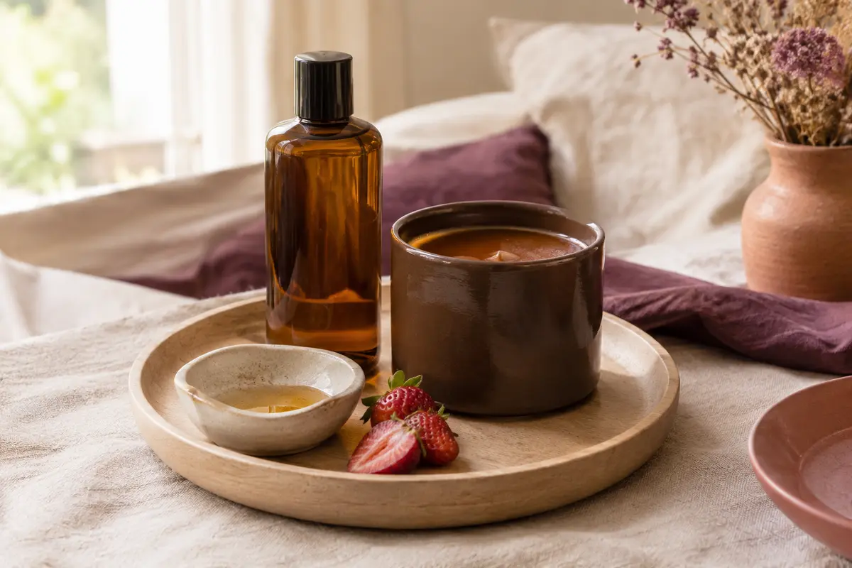 Duo Malomelo de massage à la fraise, huile et bougie posées sur un plateau en bois clair