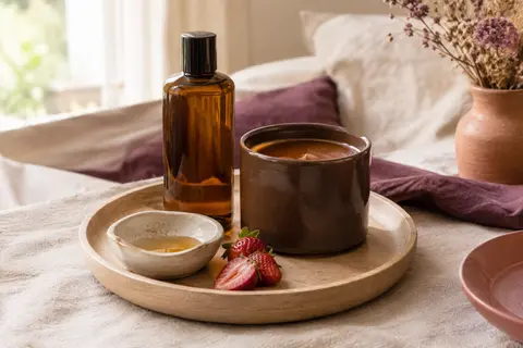 Duo Malomelo de massage à la fraise, huile et bougie posées sur un plateau en bois clair