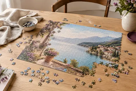 Puzzle photo personnalisé en cours d’assemblage sur une table en bois clair, avec quelques pièces posées autour.
