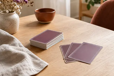 Jeu de cartes compact pour couples posé sur une table en bois clair dans un intérieur lumineux