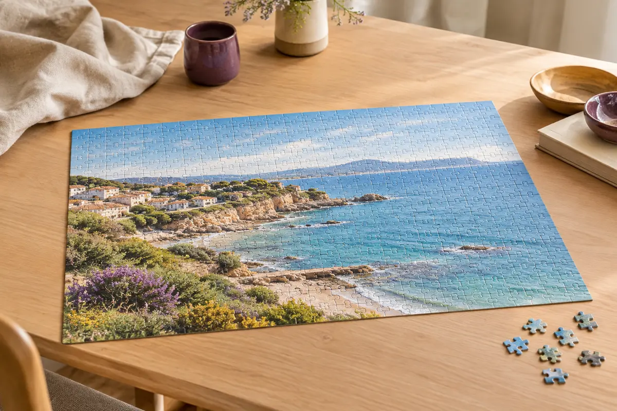 Puzzle photo de 1 000 pièces assemblé sur une table en bois clair, avec quelques pièces à côté.