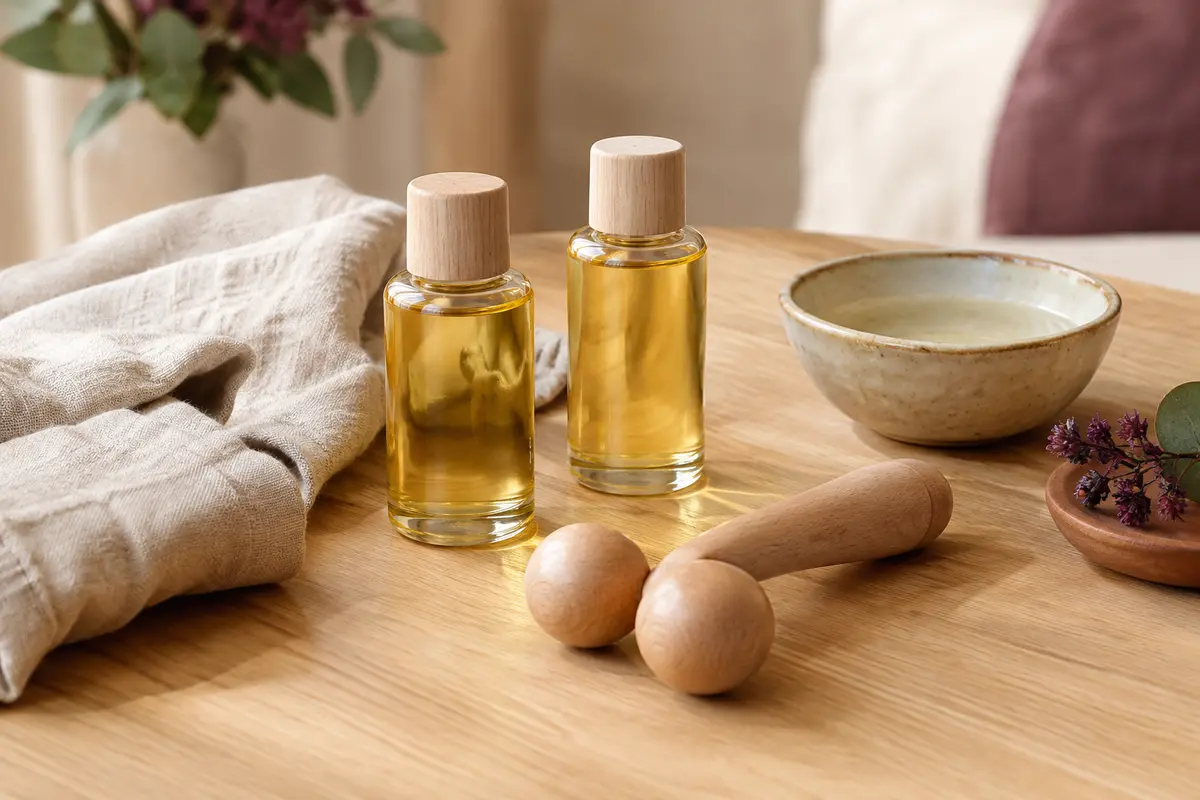 Deux flacons d’huile de massage et un masseur en bois présentés sur une table en bois clair