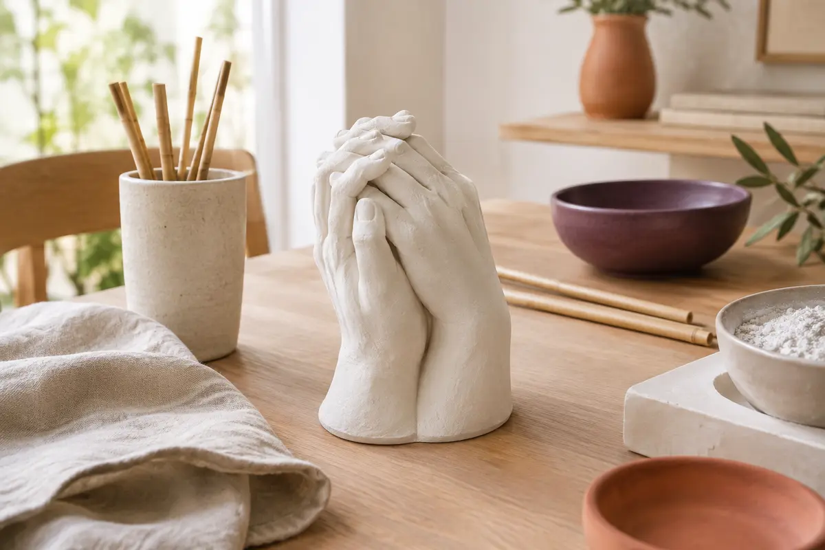 Sculpture en plâtre de deux mains réunies, accompagnée des éléments d’un kit de moulage