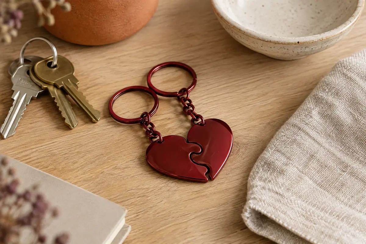 Paire de porte-clés en métal rouge grenat, en forme de cœur emboîtable, posée sur du bois clair.