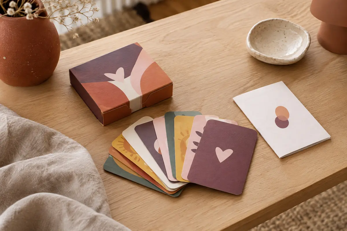 Jeu de cartes multicolores pour couples posé sur une table en bois clair, accompagné de sa règle