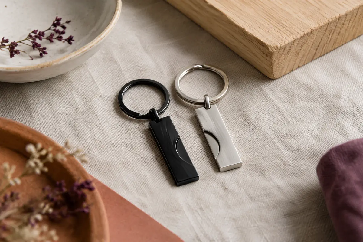 Deux porte-clés assortis en acier inoxydable noir et argent posés sur du lin clair