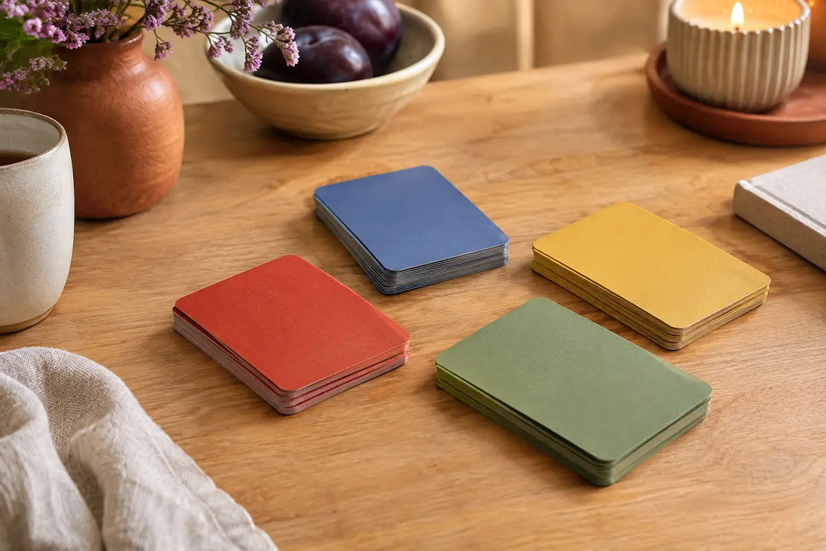 Trois paquets de cartes colorées posés sur une table en bois clair dans un intérieur chaleureux