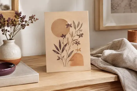 Affiche personnalisée au ton sépia posée sur un meuble en bois clair dans un intérieur lumineux
