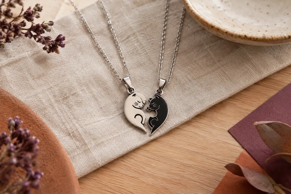 Deux colliers argentés et noirs, leurs pendentifs chats formant un cœur puzzle sur du lin.
