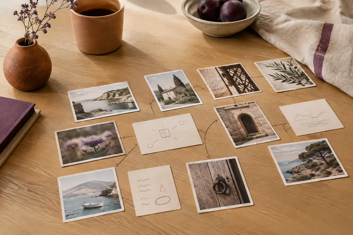 Cartes en papier d’un jeu d’enquête disposées sur une table en bois clair pour résoudre une affaire à deux