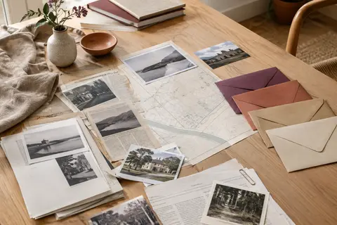 Dossier d’enquête monochrome avec documents imprimés et quatre enveloppes sur une table en bois clair.