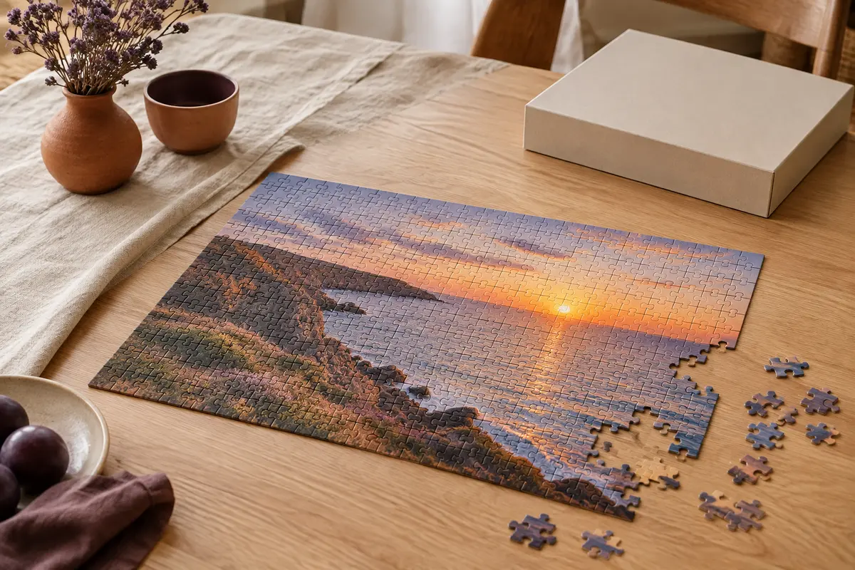 Puzzle photo personnalisé en carton, partiellement assemblé sur une table en bois clair avec quelques pièces détachées.