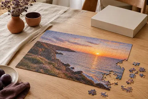 Puzzle photo personnalisé en carton, partiellement assemblé sur une table en bois clair avec quelques pièces détachées.