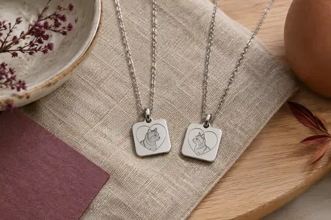 Deux colliers argentés assortis avec pendentifs cœur gravés d’un motif de chat, posés sur du lin.