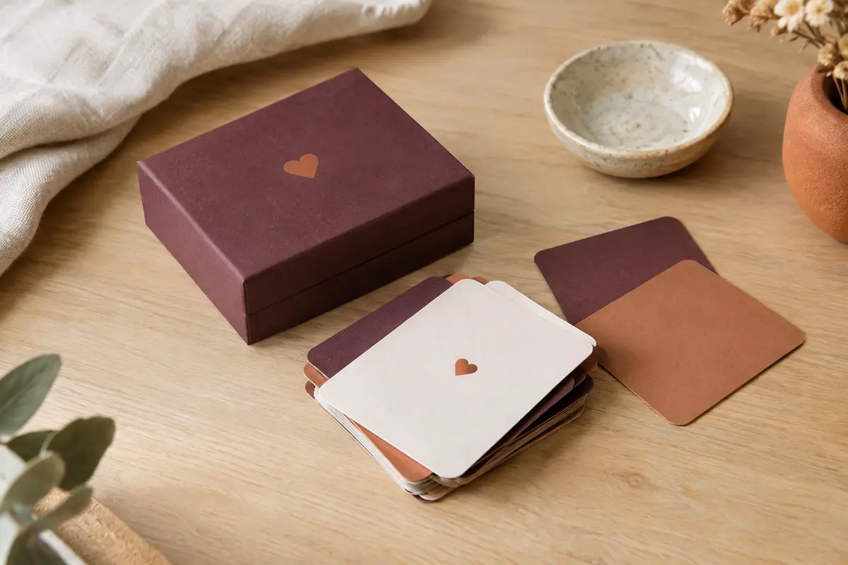 Petit jeu de questions pour couples et cartes posés sur une table en bois clair dans un intérieur accueillant.