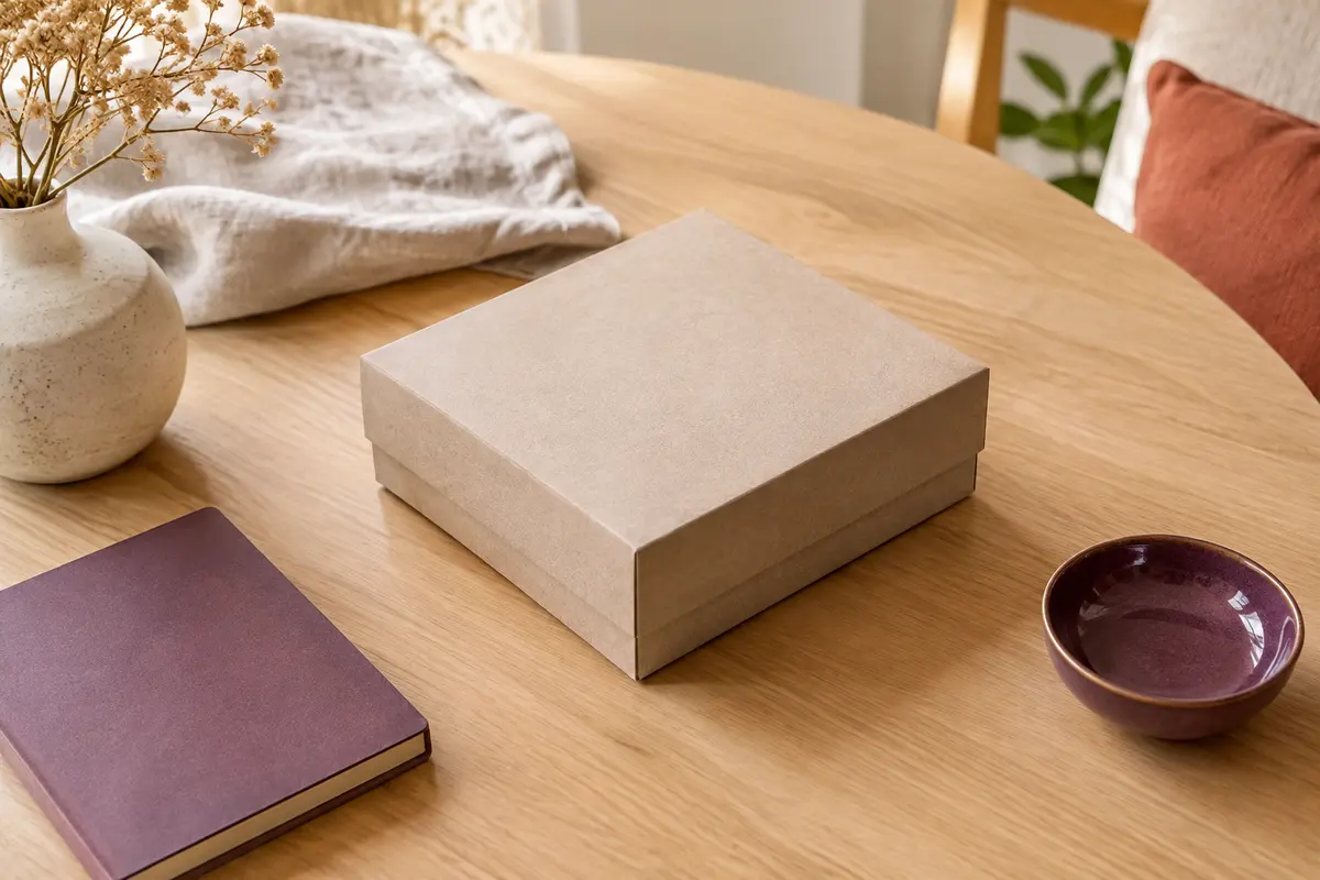 Coffret carré de jeu d’évasion en carton posé sur une table en bois clair dans un intérieur lumineux.