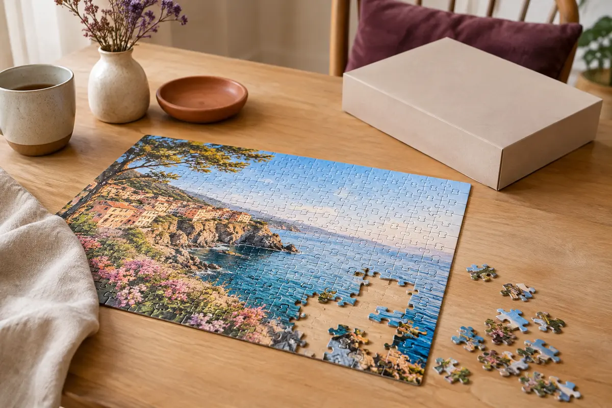 Puzzle photo personnalisé en bois clair, partiellement assemblé sur une table avec sa boîte sobre