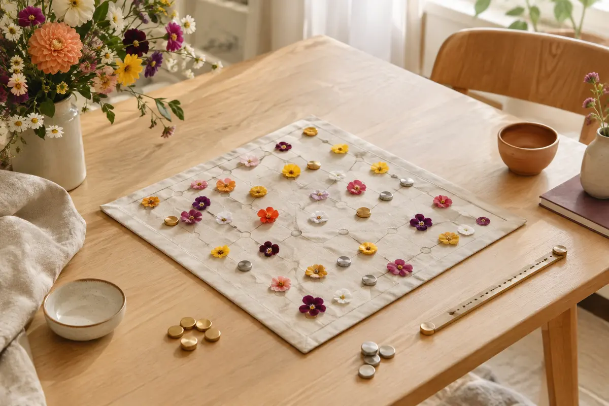 Jeu Lacuna disposé sur un tapis en tissu, avec fleurs multicolores, pions dorés et argentés