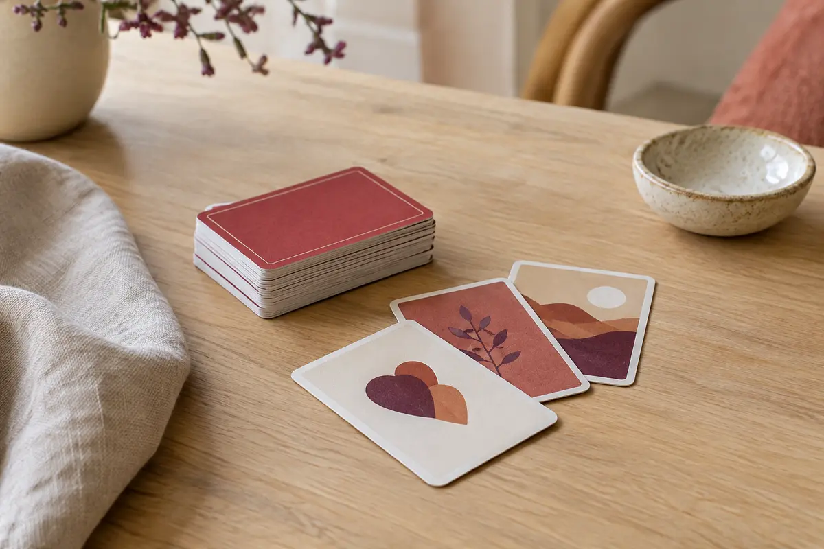 Jeu de cartes rouge pour couples posé sur une table en bois clair, près de lin et de céramique.