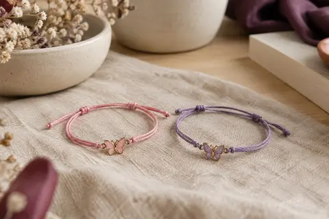 Deux bracelets en coton rose et violet avec des breloques papillon réunies en motif d’ailes