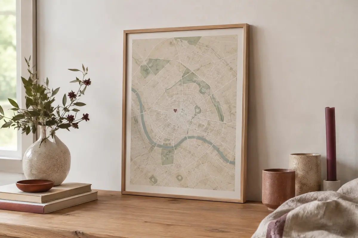 Affiche personnalisée à motif de carte présentée dans un intérieur lumineux aux matières naturelles.