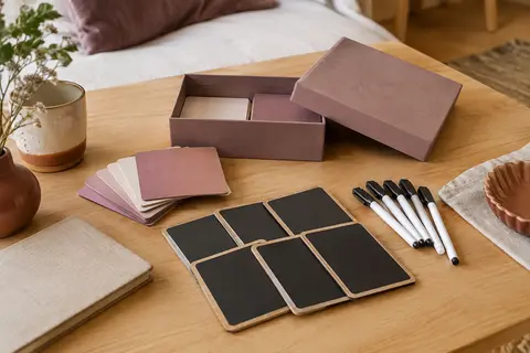 Jeu de questions pour couples avec cartes, ardoises effaçables et feutres posé sur une table en bois clair