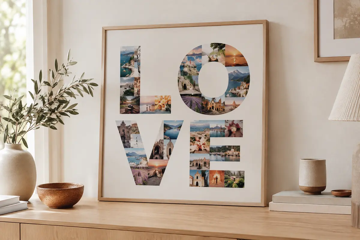 Tableau photo personnalisé posé sur une console en bois clair dans un intérieur lumineux.