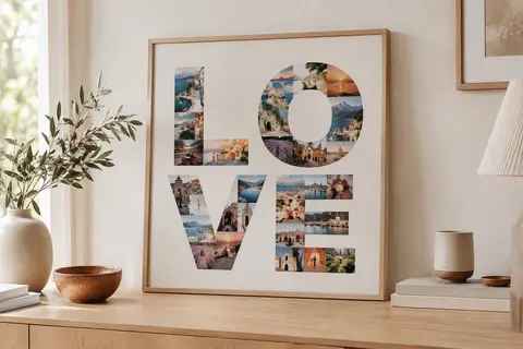 Tableau photo personnalisé posé sur une console en bois clair dans un intérieur lumineux.