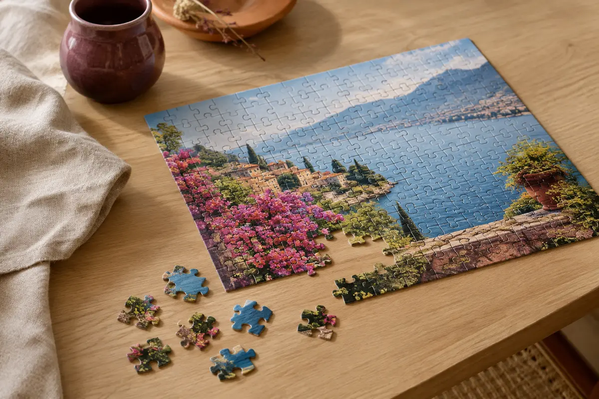 Puzzle photo personnalisé en cours d’assemblage sur une table en bois clair, avec quelques pièces détachées.
