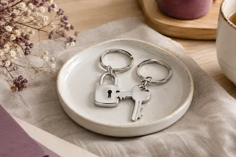 Deux porte-clés polis en acier inoxydable, l’un en forme de cadenas et l’autre de clé, présentés côte à côte.