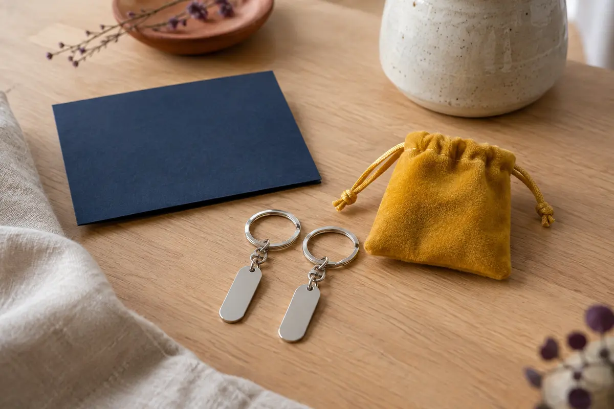 Deux porte-clés argentés en acier, accompagnés d’une carte bleu foncé et d’une pochette en velours jaune