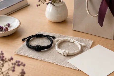 Deux bracelets assortis en nylon tressé noir et blanc, noués au centre sur du lin et du bois clair.