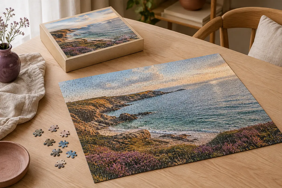 Puzzle photo de 1 000 pièces assemblé sur une table, avec sa boîte illustrée posée à côté